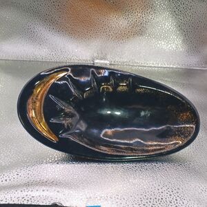Vintage Black Gold Crescent Moon Starburst Ashtray 9" MCM Retro Decor